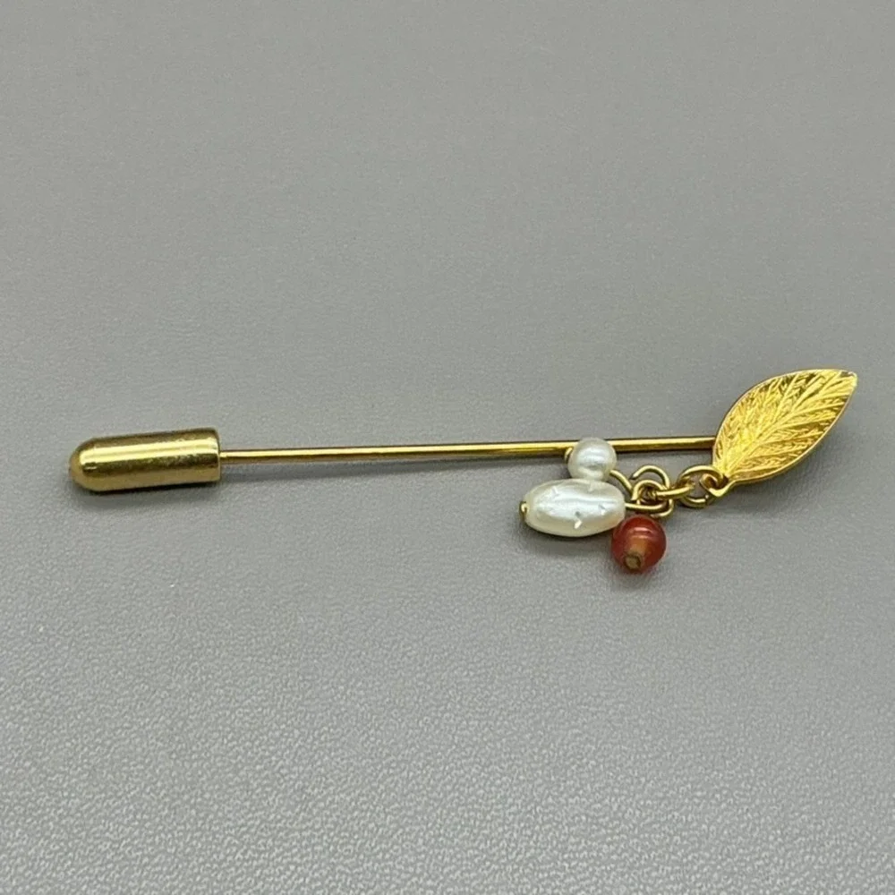 Stick Pin Women Gold Tone Leaf Faux Pearl Red Bead Dangle Vintage Lapel 2.5 Inch